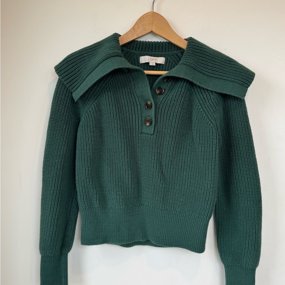 LOFT Dark Green Ribbed Wide Collar Button Pullover